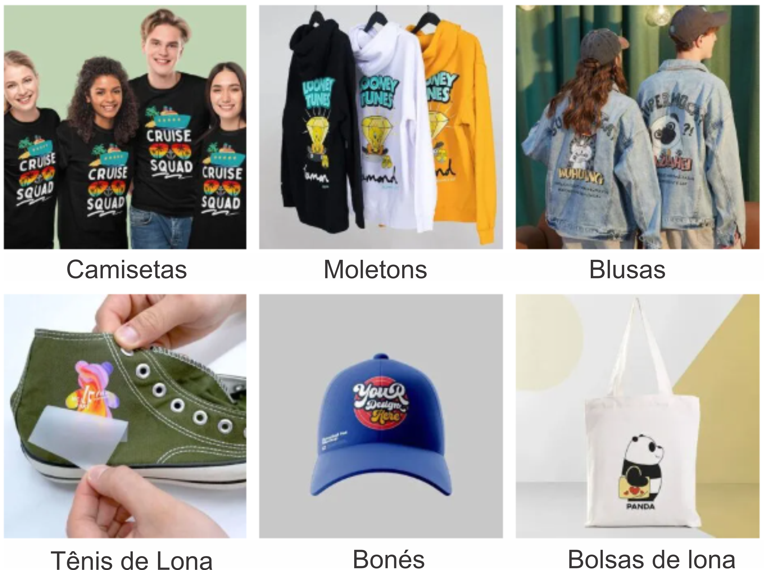 Aplicações da KingJet KJ-604 Pro em camisetas, moletons, jeans, calçados, bonés e bolsas de lona